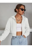 Kadın Kırık Beyaz Fitted Crop Kapşonlu Zip Fermuarlı Polar Hırka Sweatshirt - 2