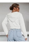 Kadın Kırık Beyaz Fitted Crop Kapşonlu Zip Fermuarlı Polar Hırka Sweatshirt - 5