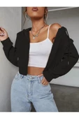 Kadın Kırık Beyaz Fitted Crop Kapşonlu Zip Fermuarlı Polar Hırka Sweatshirt - 3