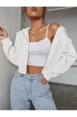 Kadın Kırık Beyaz Fitted Crop Kapşonlu Zip Fermuarlı Polar Hırka Sweatshirt - 3