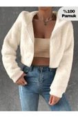 Kadın Kırık Beyaz Fitted Crop Kapşonlu Zip Fermuarlı Polar Hırka Sweatshirt - 1