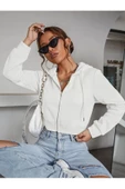 Kadın Kırık Beyaz Fitted Crop Kapşonlu Zip Fermuarlı Polar Hırka Sweatshirt - 1