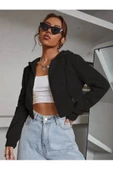 Kadın Kırık Beyaz Fitted Crop Kapşonlu Zip Fermuarlı Polar Hırka Sweatshirt - 2