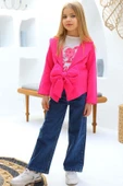 Kız Çocuk Digital ve Yazı Baskılı Tişört Önü Fiyonklu Blazer Ceket Pembe Alt Üst Takım thumbnail 1