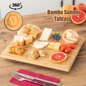 Porsima Bambu Peynir Pizza Tahtası Sunum Tahtası 360 Derece Dönen Yuvarlak Lüx Servis 35 x 30 x 1.5 cm - 1