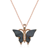 Gümüş Rose Antrasit Kaplangözü Taşlı Kelebek Kolye thumbnail 1
