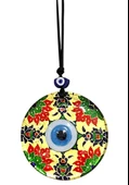 Kırmızı Çiçekli Nazar Boncuklu Altın Rengi Füzyon cam El İşçiliği 12x12 cm Duvar Süsü - 2