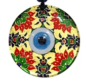 Kırmızı Çiçekli Nazar Boncuklu Altın Rengi Füzyon cam El İşçiliği 12x12 cm Duvar Süsü - 1
