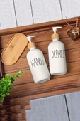 Hands Dishes 2’li Soft Beyaz Dekoratif Mutfak Banyo Sıvı Cam Sabunluk Seti 500ml Bambu Stantlı Set - 2