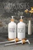 Hands Dishes 2’li Soft Beyaz Dekoratif Mutfak Banyo Sıvı Cam Sabunluk Seti 500ml Bambu Stantlı Set - 3