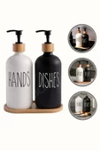 Hands Dishes 2’li Siyah Beyaz Dekoratif Mutfak Banyo Sıvı Cam Sabunluk Seti 500ml Bambu Stantlı Set - 4