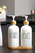Hands Dishes 2’li Soft Beyaz Dekoratif Mutfak Banyo Sıvı Cam Sabunluk Seti 500ml Bambu Stantlı Set - 1
