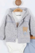 Ayı Desenli Pamuklu Çıt Kapşonlu Zıbınlı Uzun Kollu Erkek Bebek 3'lü Takım Alt Üst Erkek Bebek Takım - 11