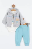 Ayı Desenli Pamuklu Çıt Kapşonlu Zıbınlı Uzun Kollu Erkek Bebek 3'lü Takım Alt Üst Erkek Bebek Takım - 3