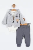 Ayı Desenli Pamuklu Çıt Kapşonlu Zıbınlı Uzun Kollu Erkek Bebek 3'lü Takım Alt Üst Erkek Bebek Takım - 1