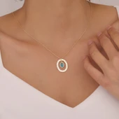 925 Ayar Gümüş Mavi Oval Taşlı Dokulu Oval Çerçeve Kolye - 2