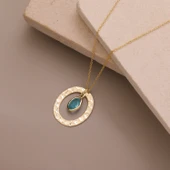 925 Ayar Gümüş Mavi Oval Taşlı Dokulu Oval Çerçeve Kolye - 3