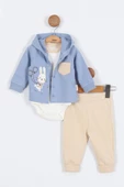 Tavşan Desenli Pamuklu Kapşonlu Zıbınlı Uzun Kollu Erkek Bebek 3'lü Takım Alt Üst Erkek Bebek Takım - 3