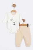 Tavşan Desenli Pamuklu Kapşonlu Zıbınlı Uzun Kollu Erkek Bebek 3'lü Takım Alt Üst Erkek Bebek Takım - 6