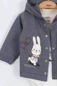 Tavşan Desenli Pamuklu Kapşonlu Zıbınlı Uzun Kollu Erkek Bebek 3'lü Takım Alt Üst Erkek Bebek Takım - 7