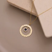 925 Ayar Gümüş Lacivert Taşlı Dokulu Yuvarlak Çerçeve Kolye thumbnail 3