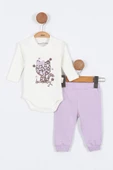 Kedi Desenli Pamuklu Fermuarlı Kapşonlu Zıbın Uzun Kol Kız Bebek 3'lü Takım Alt Üst Kız Bebek Takım - 10