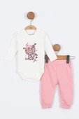 Kedi Desenli Pamuklu Fermuarlı Kapşonlu Zıbın Uzun Kol Kız Bebek 3'lü Takım Alt Üst Kız Bebek Takım - 4