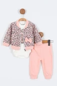 Kedi Desenli Pamuklu Fermuarlı Kapşonlu Zıbın Uzun Kol Kız Bebek 3'lü Takım Alt Üst Kız Bebek Takım - 3