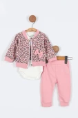Kedi Desenli Pamuklu Fermuarlı Kapşonlu Zıbın Uzun Kol Kız Bebek 3'lü Takım Alt Üst Kız Bebek Takım - 1