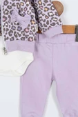 Kedi Desenli Pamuklu Fermuarlı Kapşonlu Zıbın Uzun Kol Kız Bebek 3'lü Takım Alt Üst Kız Bebek Takım - 9