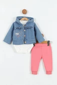 Kalp Desenli Pamuk Düğmeli Kot Kapşonlu Zıbın Uzun Kol Kız Bebek 3'lü Takım Alt Üst Kız Bebek Takım - 1