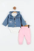 Kalp Desenli Pamuk Düğmeli Kot Kapşonlu Zıbın Uzun Kol Kız Bebek 3'lü Takım Alt Üst Kız Bebek Takım - 2