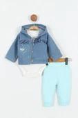 Kalp Desenli Pamuk Düğmeli Kot Kapşonlu Zıbın Uzun Kol Kız Bebek 3'lü Takım Alt Üst Kız Bebek Takım - 4