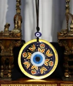 Kırmızı Yapraklı Nazar Boncuklu Altın Rengi Füzyon Cam Duvar Süsü - 4
