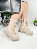 Günlük Kadın Kar Botu Kürklü Bağcıklı Fermuarlı Rahat Yüksek Kalın Tırtıklı Taban Bootie 7441 - 4