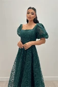 Simli Kumaş Balon Kol Midi Elbise - ZÜMRÜT YEŞİL thumbnail 4