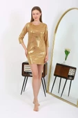 Angelino Kadın Micro Kumaş Mini Parlak Elbise 7420 Sarı thumbnail 2