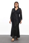 Büyük Beden Pul Payet Işıltı Abiye Elbise KL3100 Siyah thumbnail 4