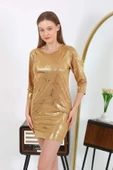 Angelino Kadın Micro Kumaş Mini Parlak Elbise 7420 Sarı thumbnail 4