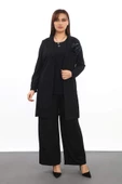 Büyük Beden Kadın Kendinden Simli 3 Parça Pantolon Bluz Ceket Abiye Takım KL3081 Siyah - 4