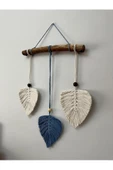 3 Yaprak Mavi&Ekru Renk El Yapımı Makrome Yaprak Detaylı Dekoratif Duvar Süsü thumbnail 1
