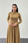 Pırıltılı Krep Kumaş Düğme Detaylı Midi Elbise - GOLD thumbnail 3