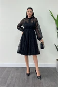 Dantel Kumaş Düğme Detaylı Mini Elbise - SİYAH thumbnail 1