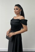 Saten Kumaş Büzgülü Askılı Abiye Elbise - SİYAH - 4