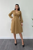 Pırıltılı Krep Kumaş Burgu Detaylı Midi Elbise - GOLD thumbnail 1
