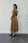 Pırıltılı Krep Kumaş Düğme Detaylı Midi Elbise - GOLD thumbnail 5