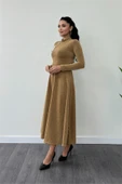 Pırıltılı Krep Kumaş Düğme Detaylı Midi Elbise - GOLD thumbnail 2