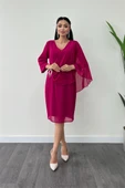 Atlas Kumaş Şifon Broş Detaylı Kalem Elbise - FUŞYA thumbnail 2