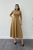 Pırıltılı Krep Kumaş Düğme Detaylı Midi Elbise - GOLD thumbnail 1