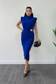 Krep Kumaş Broş Büzgü Detaylı Kalem Elbise - SAKS MAVİ thumbnail 1
